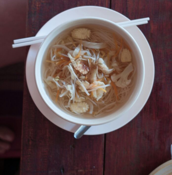 Bowl of cabbage soup with chop sticks