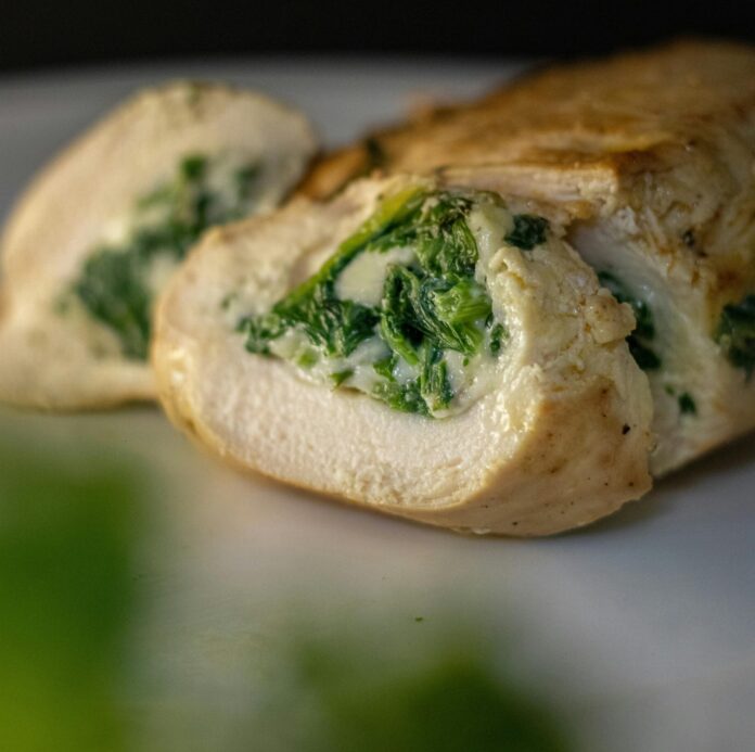 Close-up of a Chicken Breast Roulade with Spinach Filling